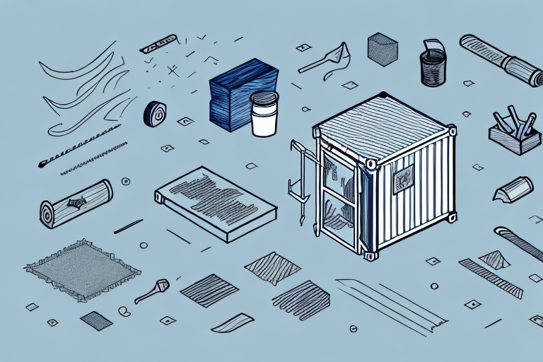 A shipping container with tools and materials around it