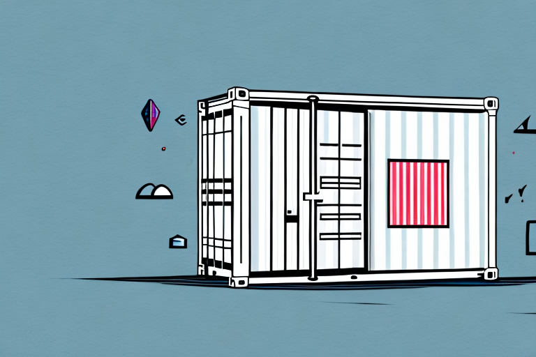 A shipping container with its dimensions labeled